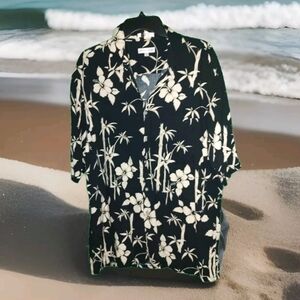 Pierre Cardin Hawaiian Shirt Men’s Large Button Down 100% Rayon Black Tan